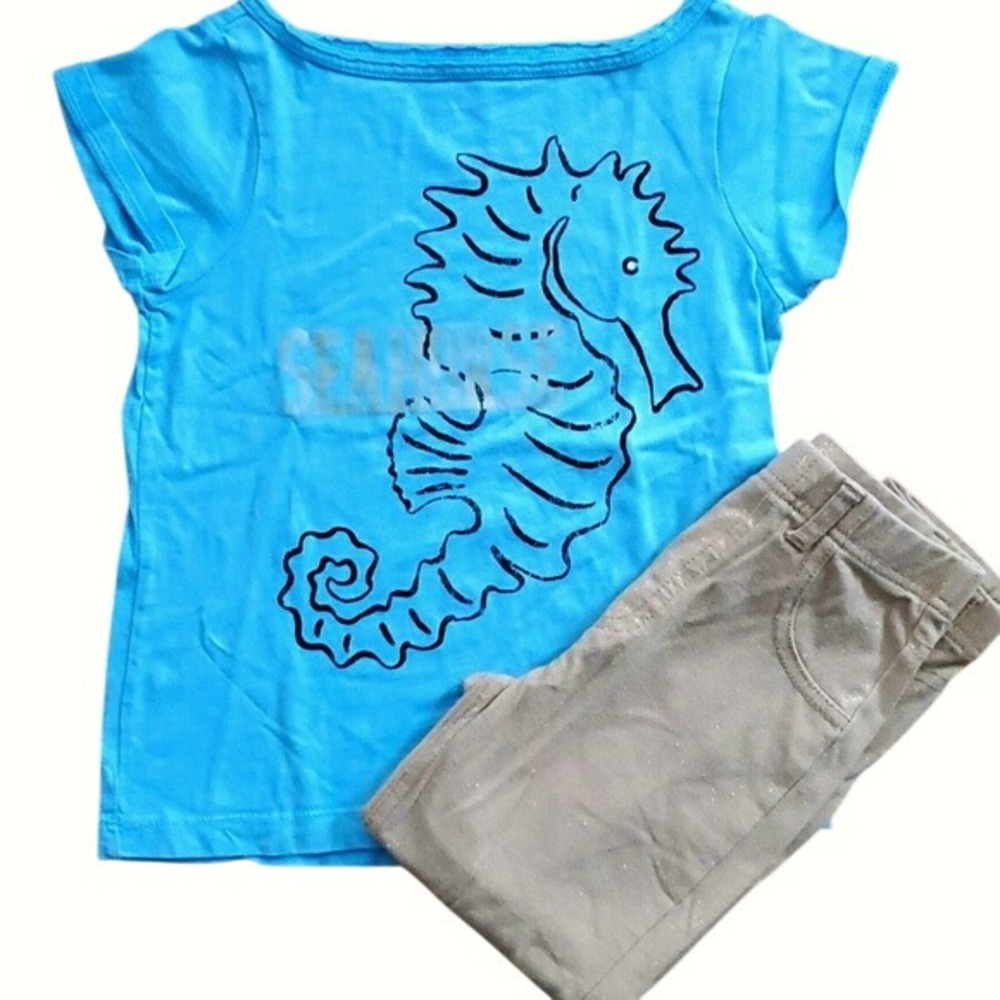 Crewcuts Seahorse Blue Short Sleeve Shirt with Garanimals Sparkly Gold Jeggings